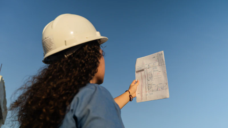 A site engineer reviewing project documents on site.