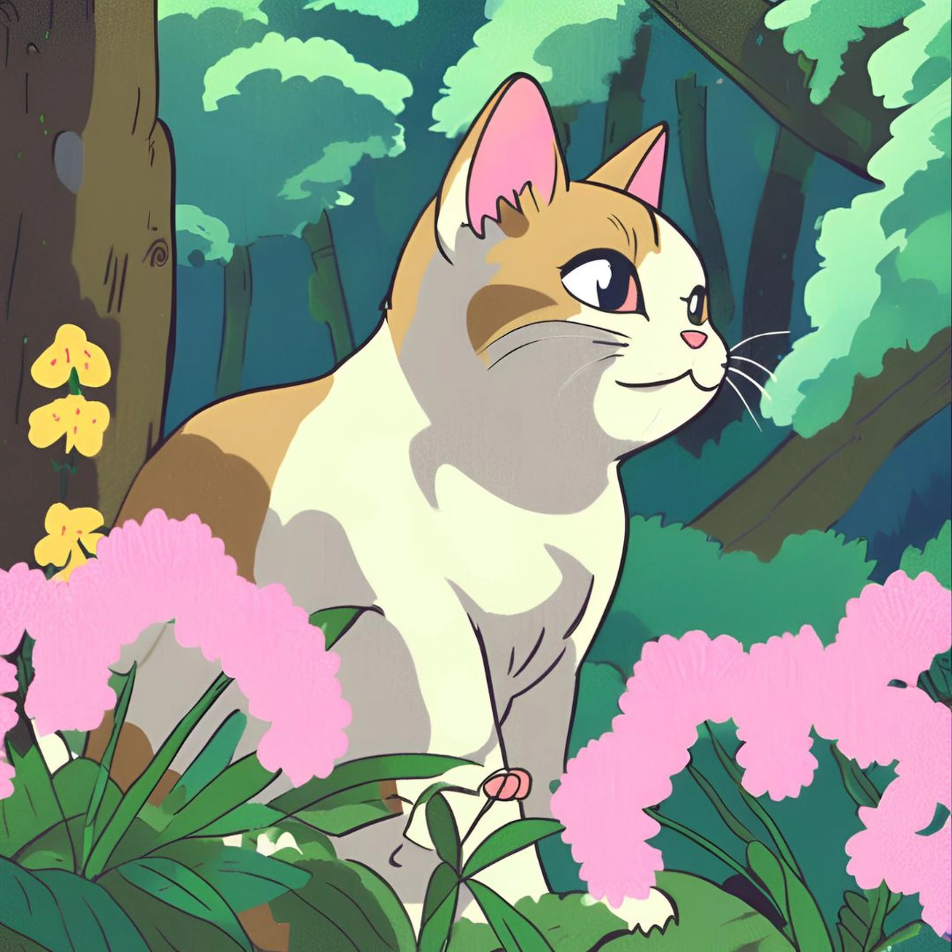 a cat sitting in the middle of a forest