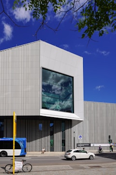 a large building with a large window on the side of it
