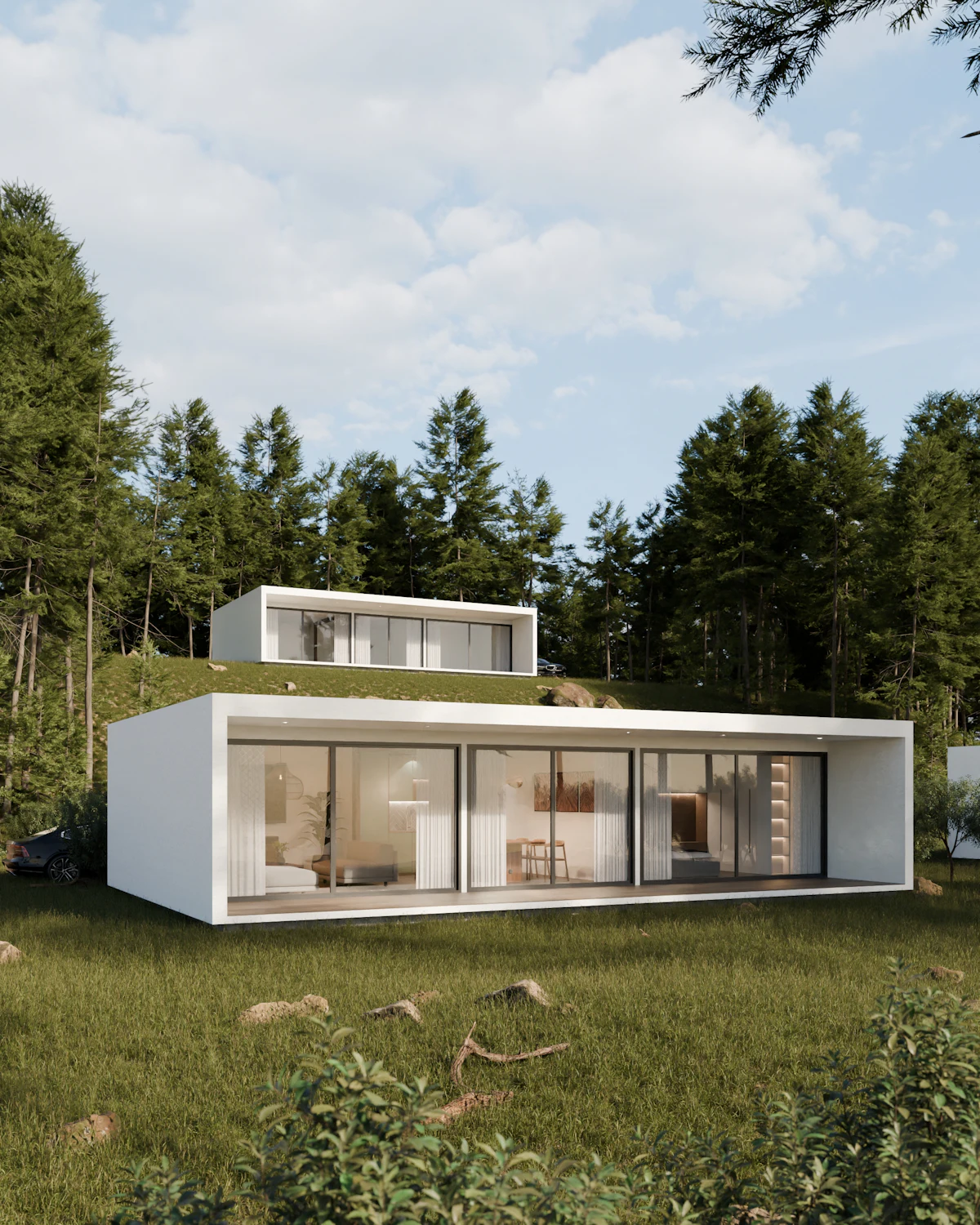 Casa branca de linhas retas integrada ao bosque