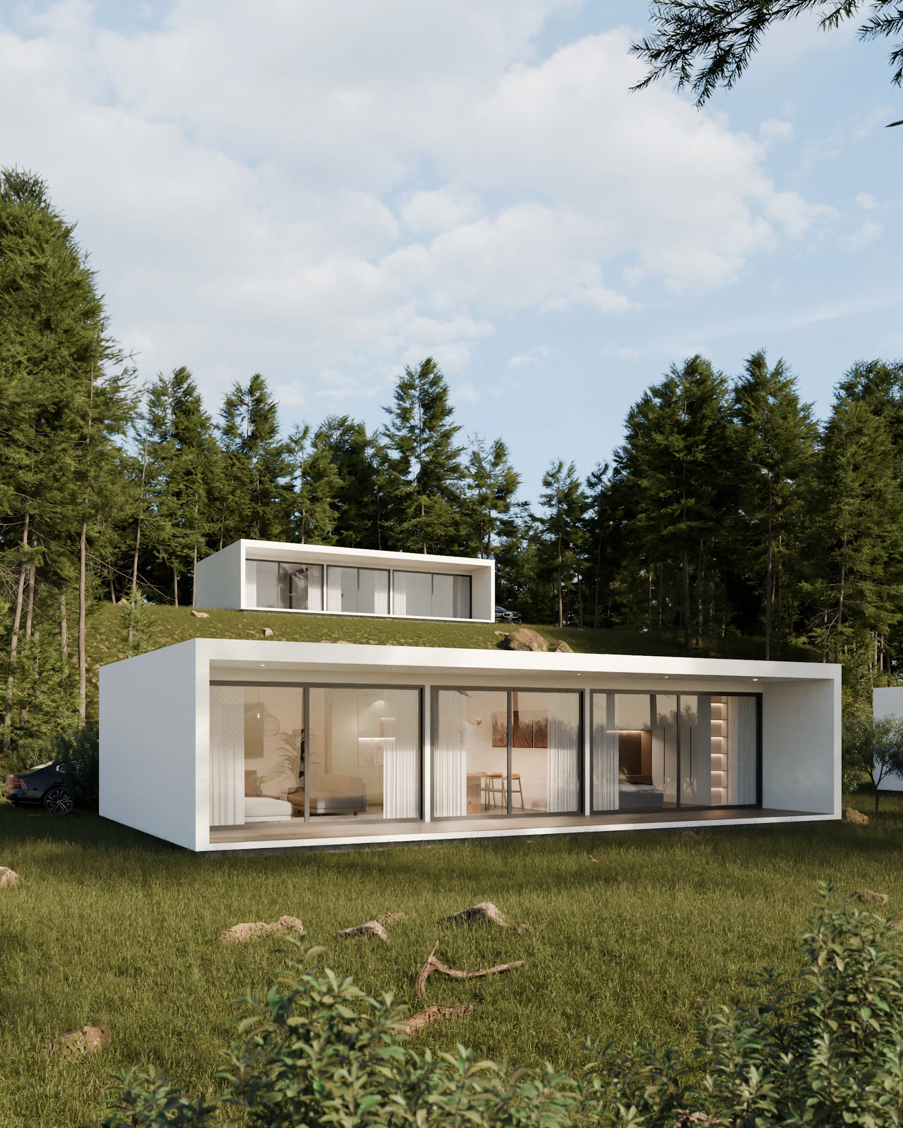Casa branca de linhas retas integrada ao bosque