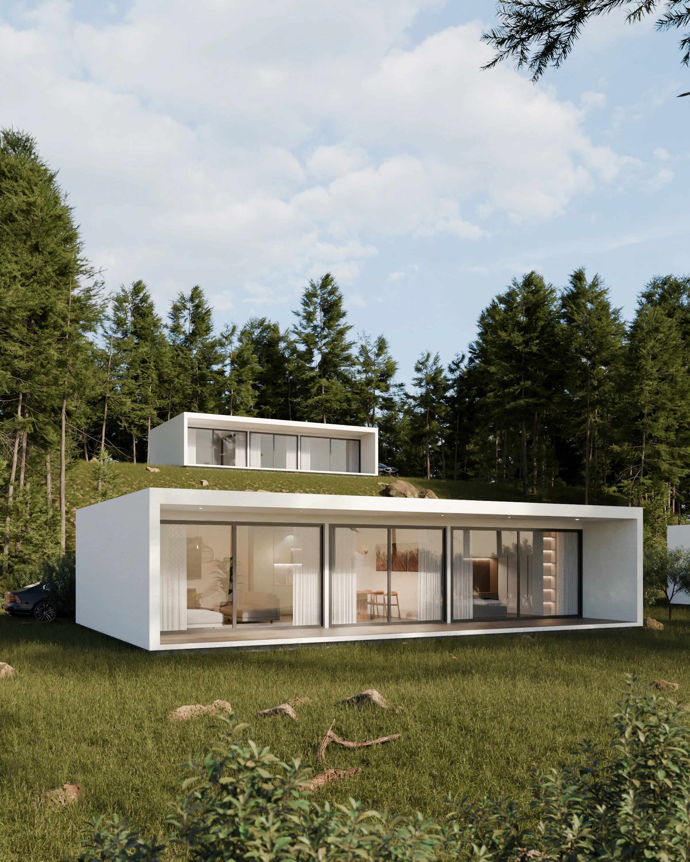 Casa branca de linhas retas integrada ao bosque