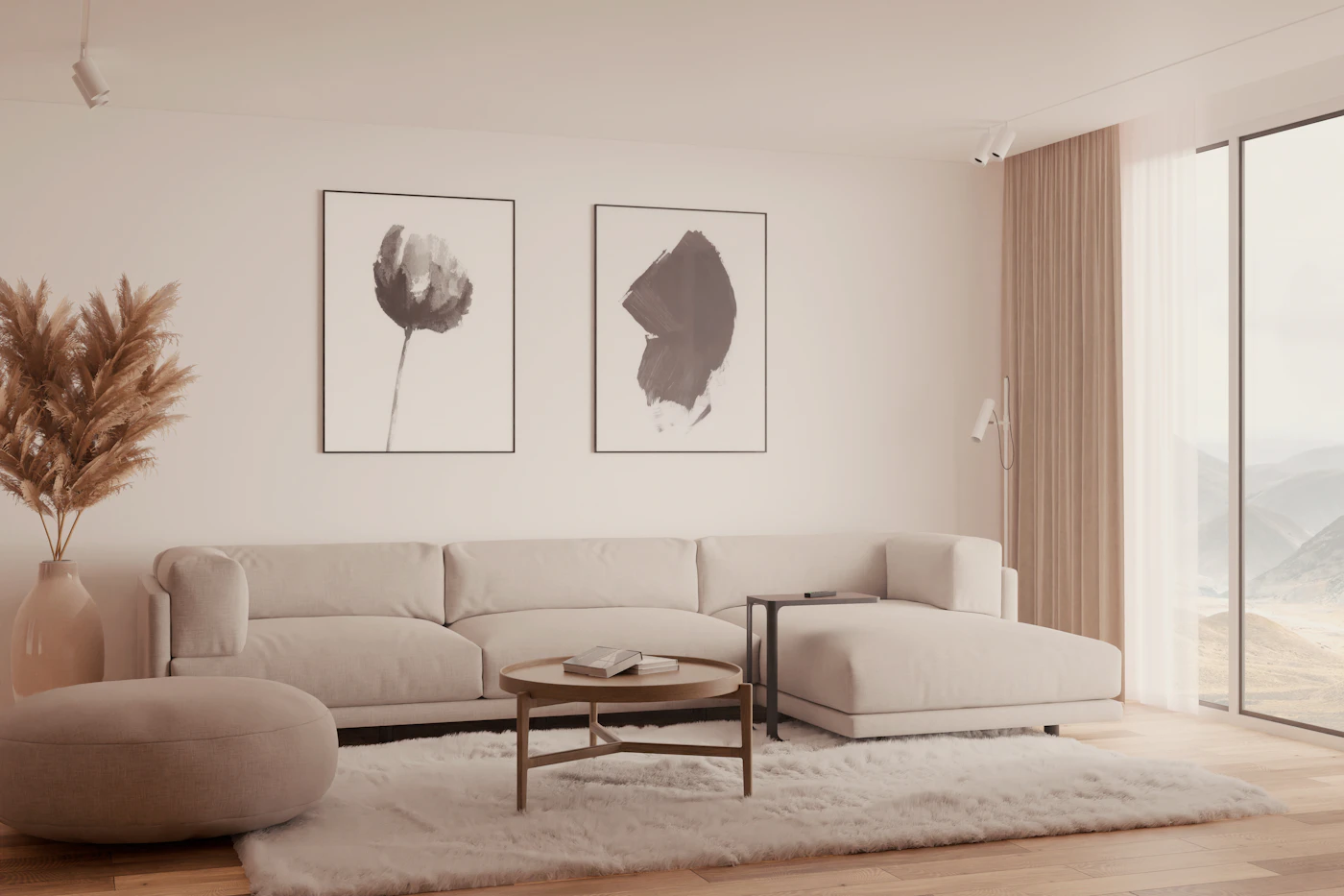 A living room furnished with a beige sectional sofa and framed artwork