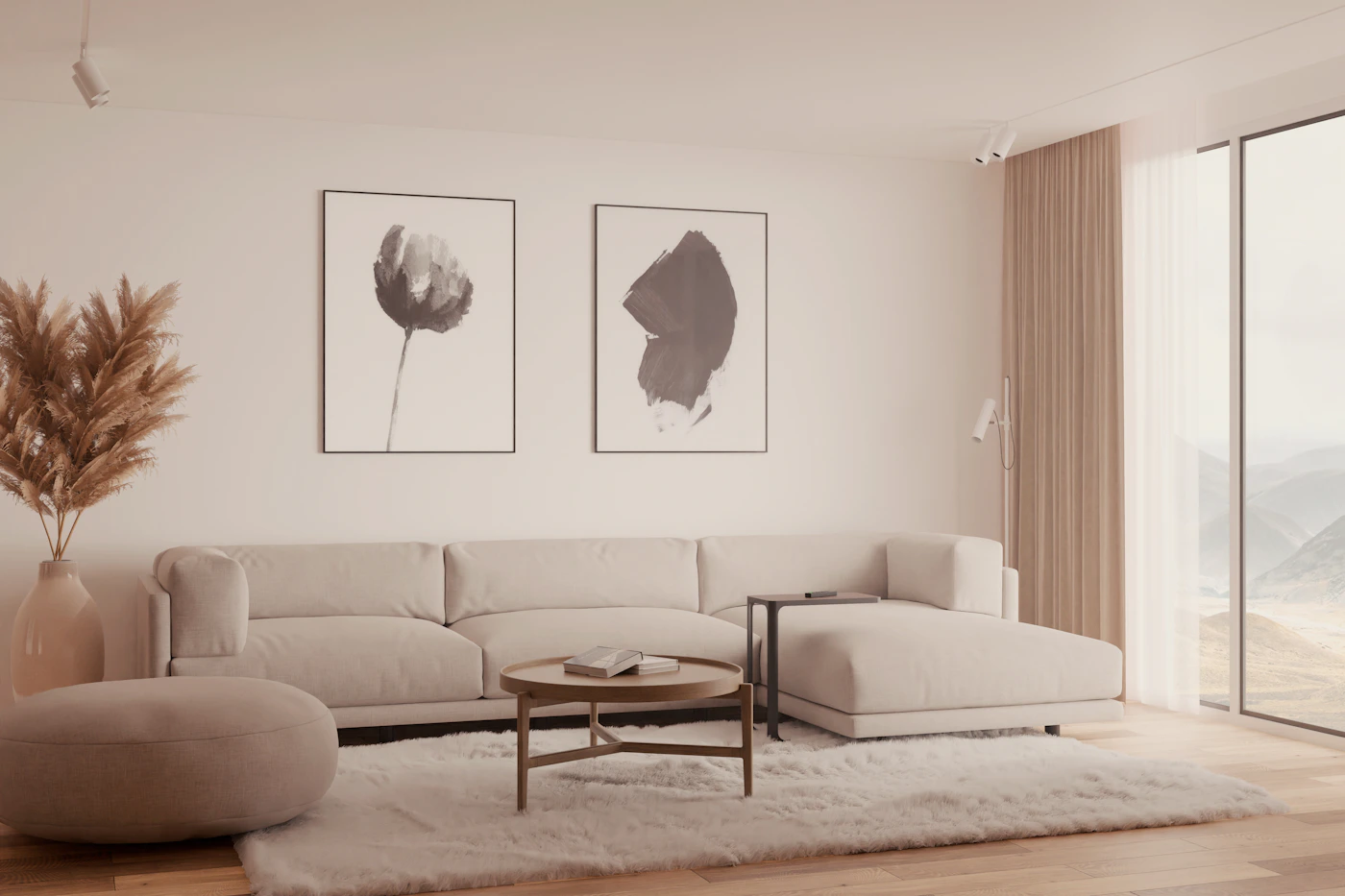 Neutral modern living room with a sofa, coffee table, rug, cushions, and soft natural light