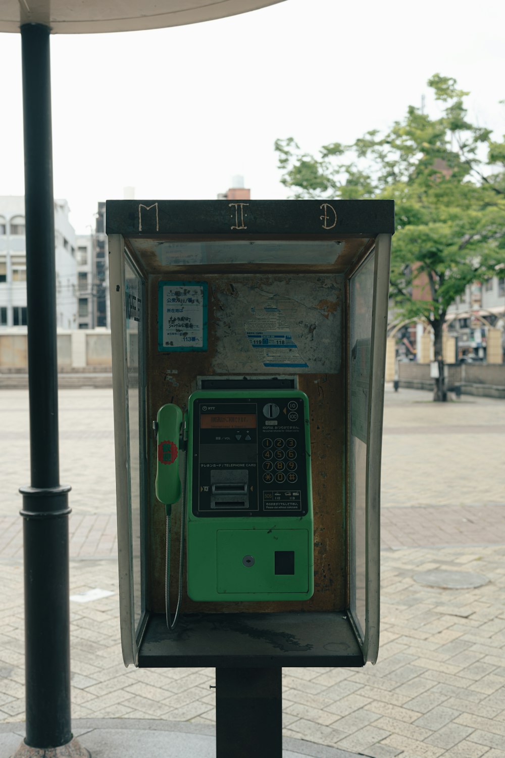a green pay phone sitting on top of a pole