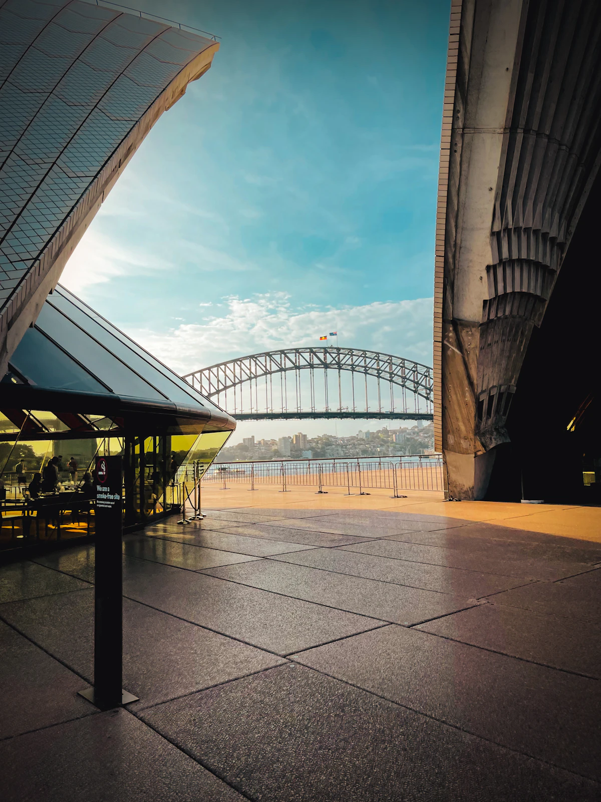 Sydney Opera House and Harbour Bridge in bright blue sky