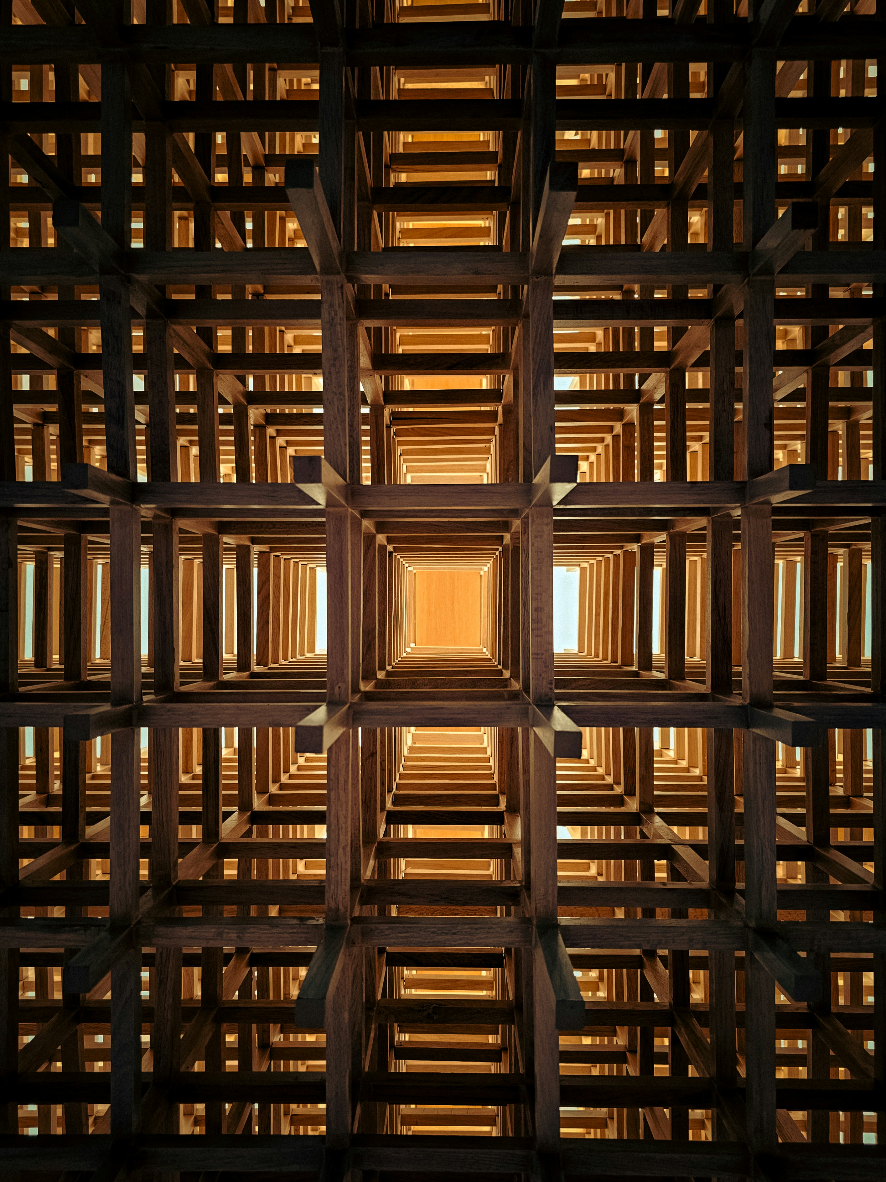 a view of the ceiling of a wooden structure