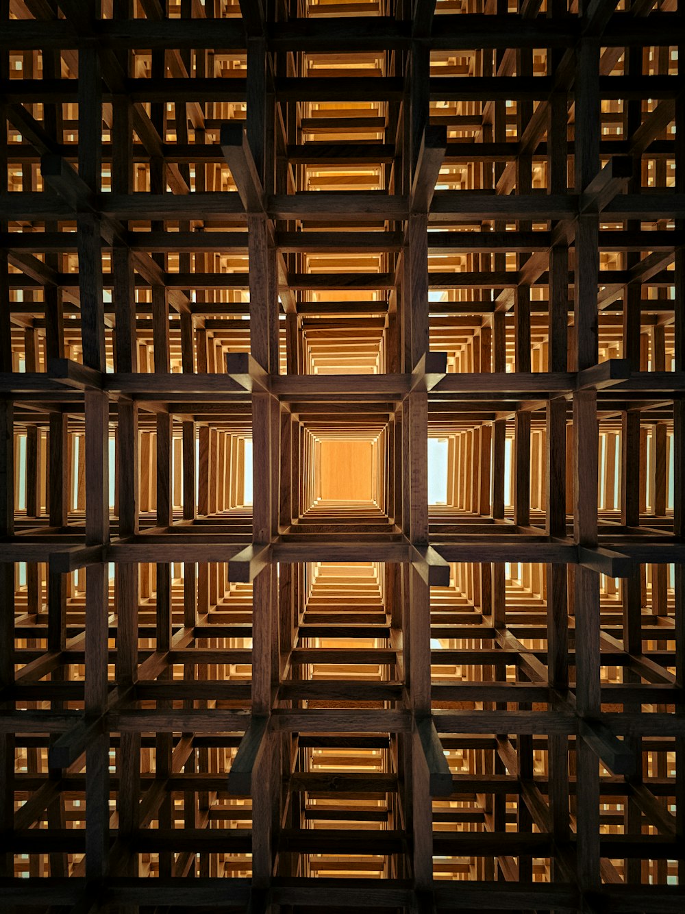 a view of the ceiling of a wooden structure