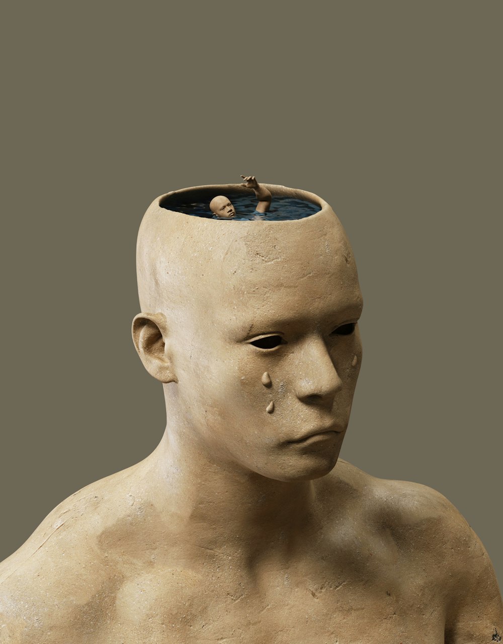 Una escultura de un hombre con una olla en la cabeza