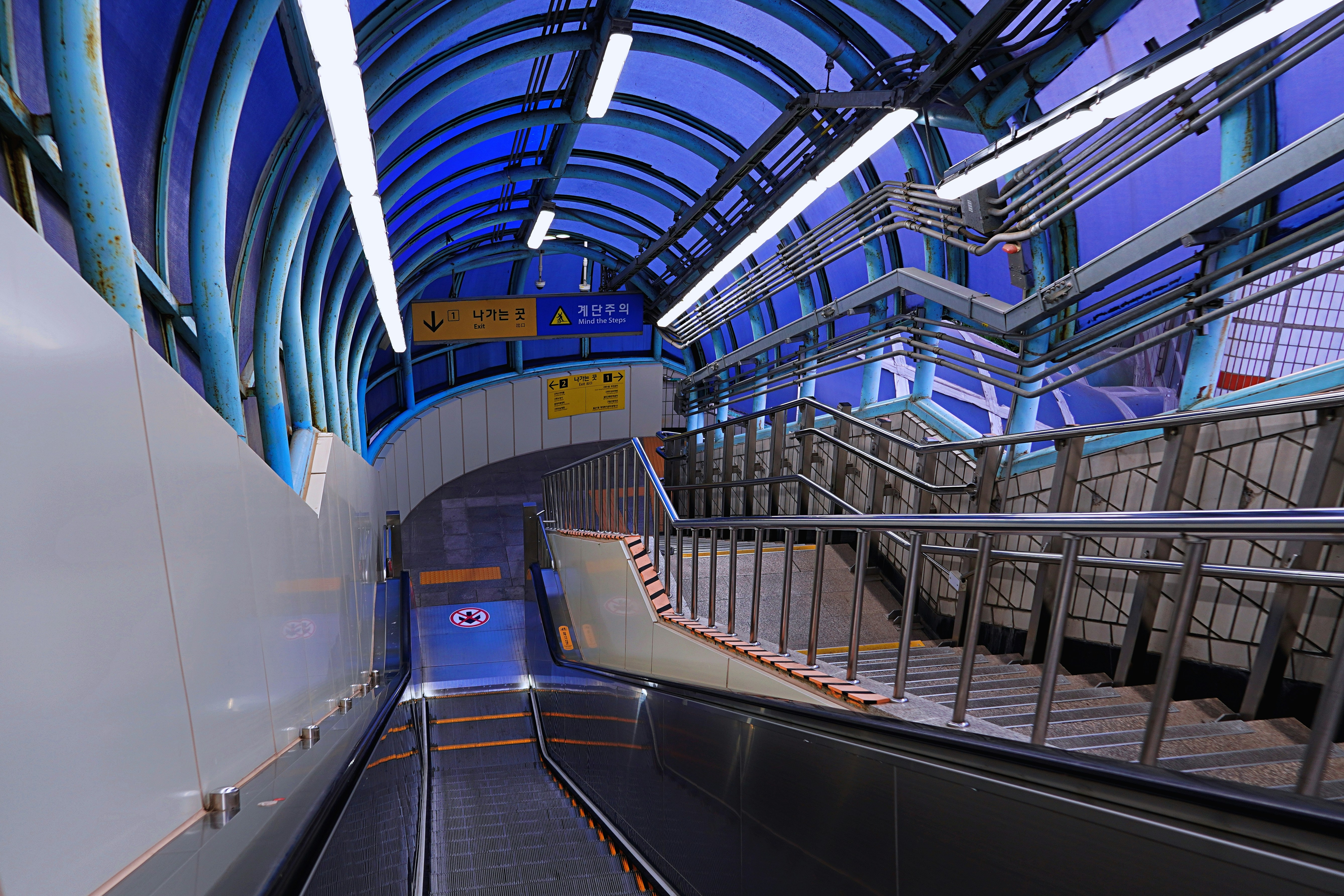 an escalator in a building with a blue ceiling