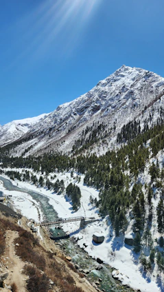 a snow covered mountain with a river running through it