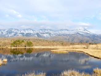 a lake surrounded by a field with mountains in the background