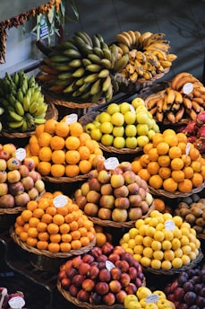 baskets of fruit are stacked on top of each other