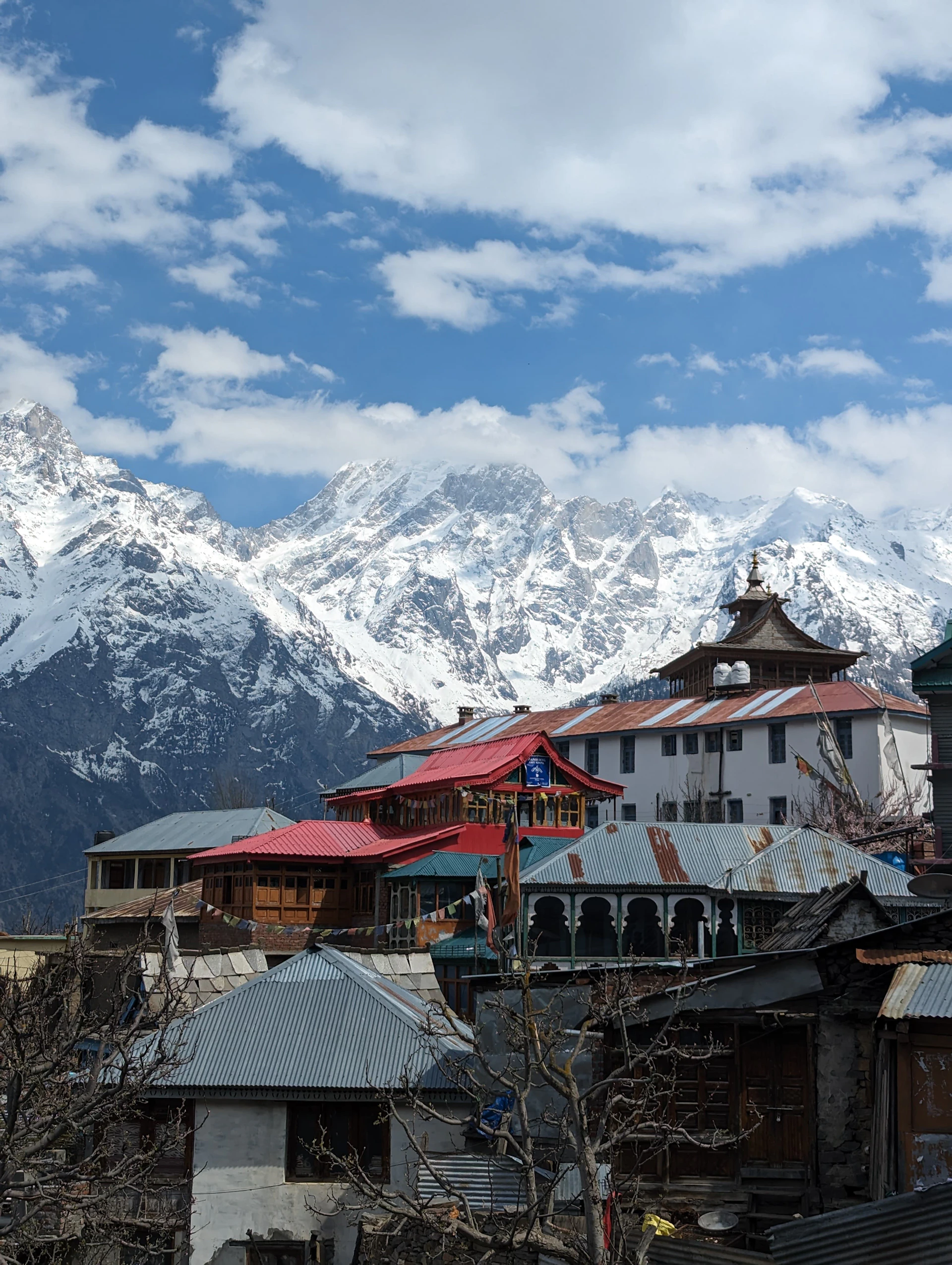 a view of a town with mountains in the background