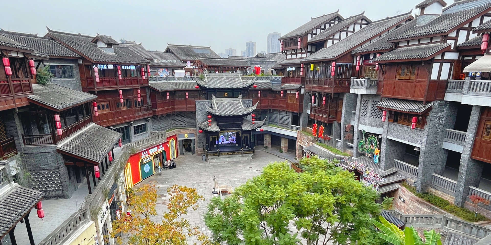 an aerial view of a courtyard in a chinese village