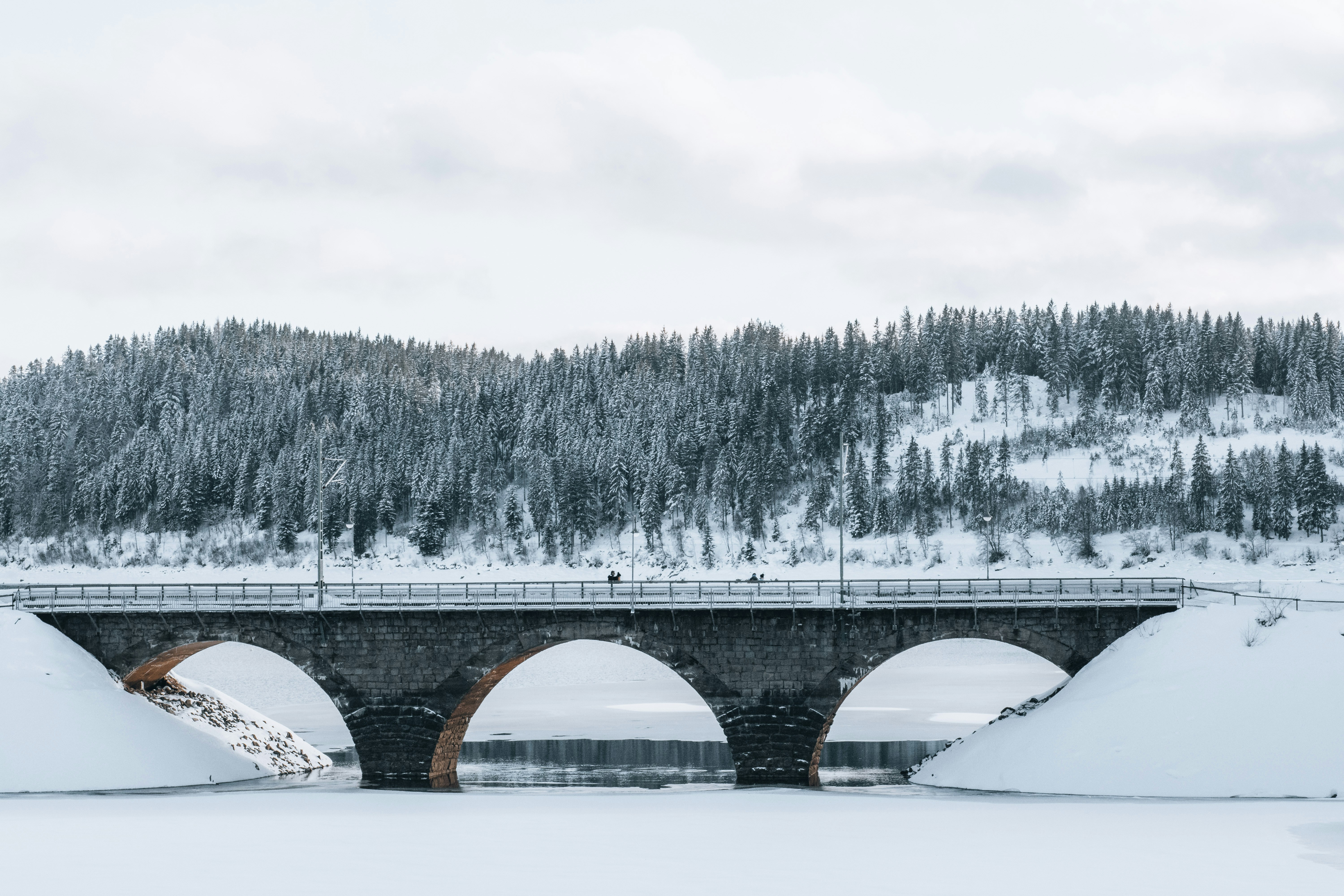 Railway bridge over a frozen lake at Schluchsee in Germany.