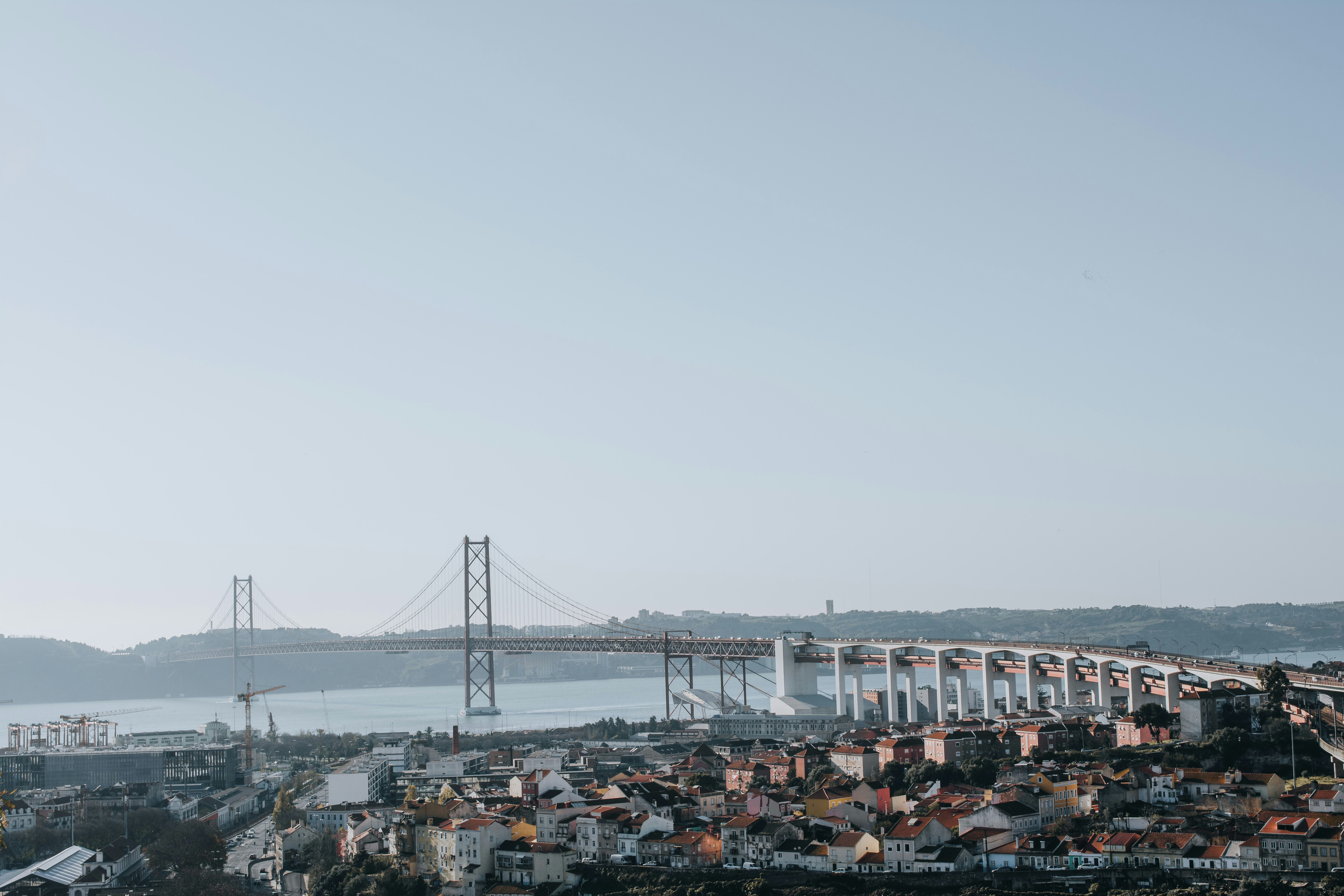 City view of Lisbon with the bridge "Ponte 25 de Abril" in the backdrop.