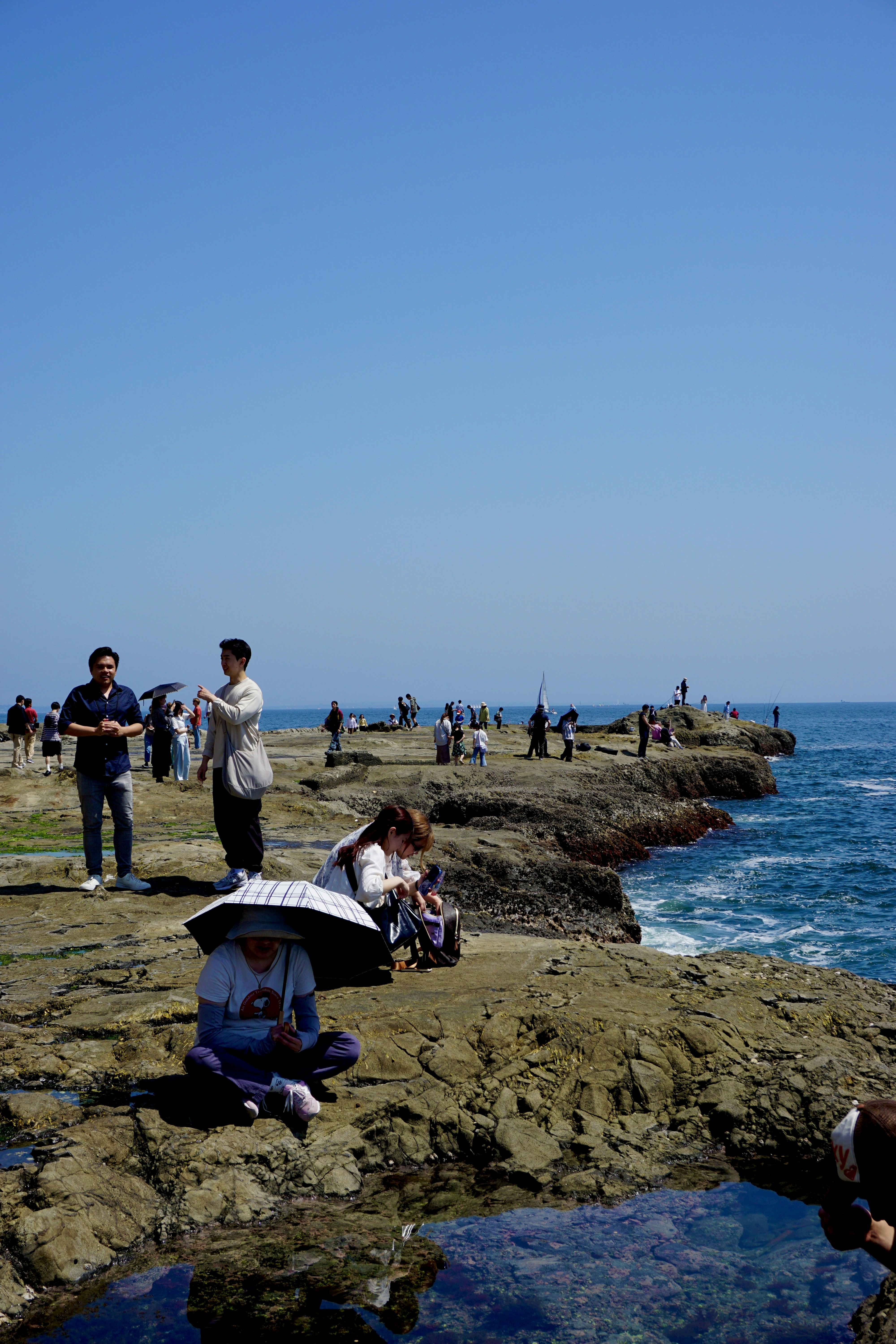 a group of people standing on top of a rocky beach