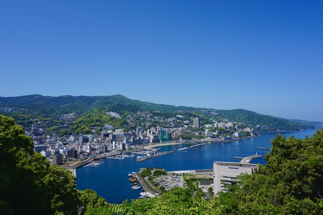 a large body of water with a city in the background