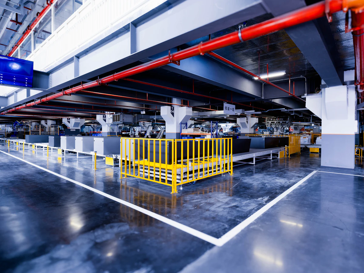 A clean, well-lit industrial floor with marked walkways