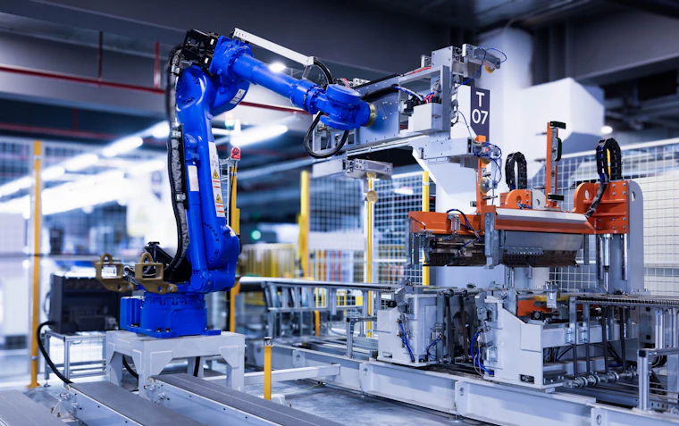Industrial robot arm working on a factory cell