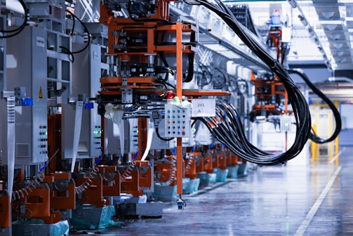 a line of electrical equipment in a factory