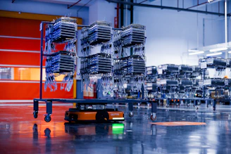 Automated carts transporting technology equipment in a modern distribution facility