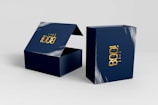 a blue box with a gold logo on it