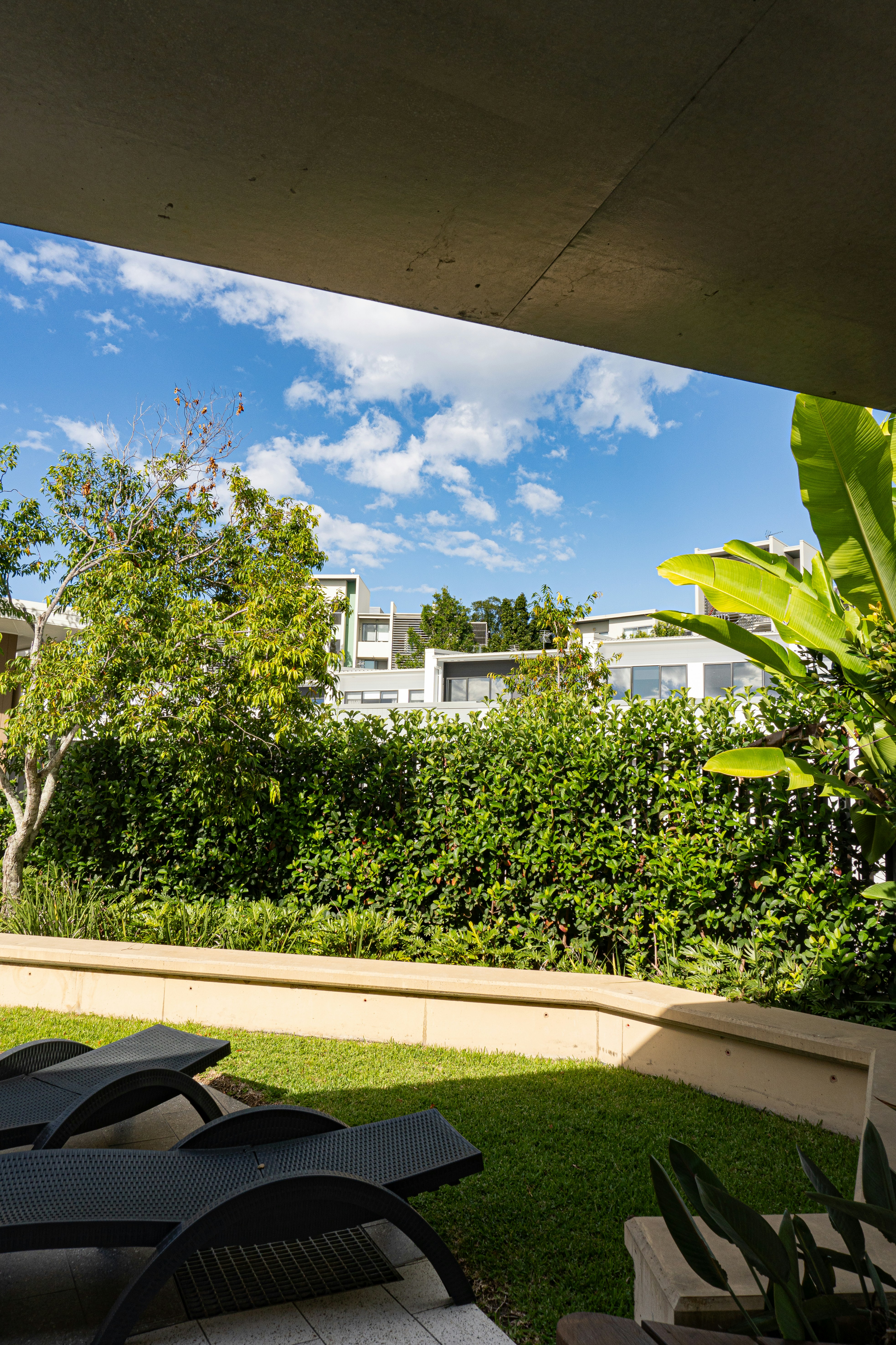 a view of a back yard with lawn chairs