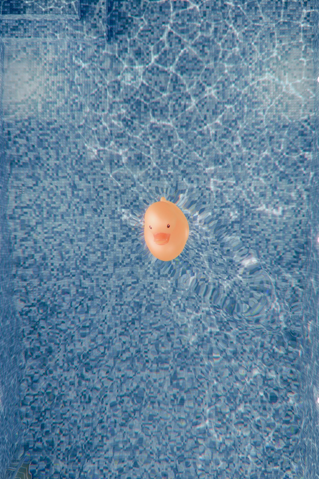 Bright rubber duck floats in blue water pool.