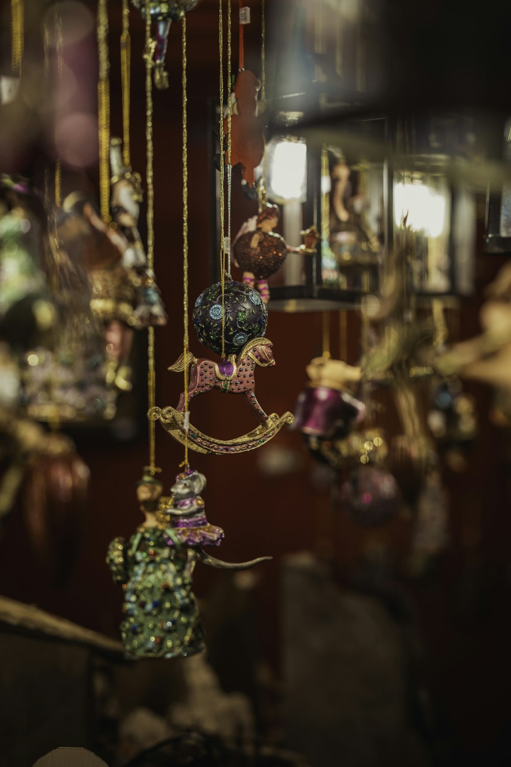 a group of ornaments hanging from a ceiling