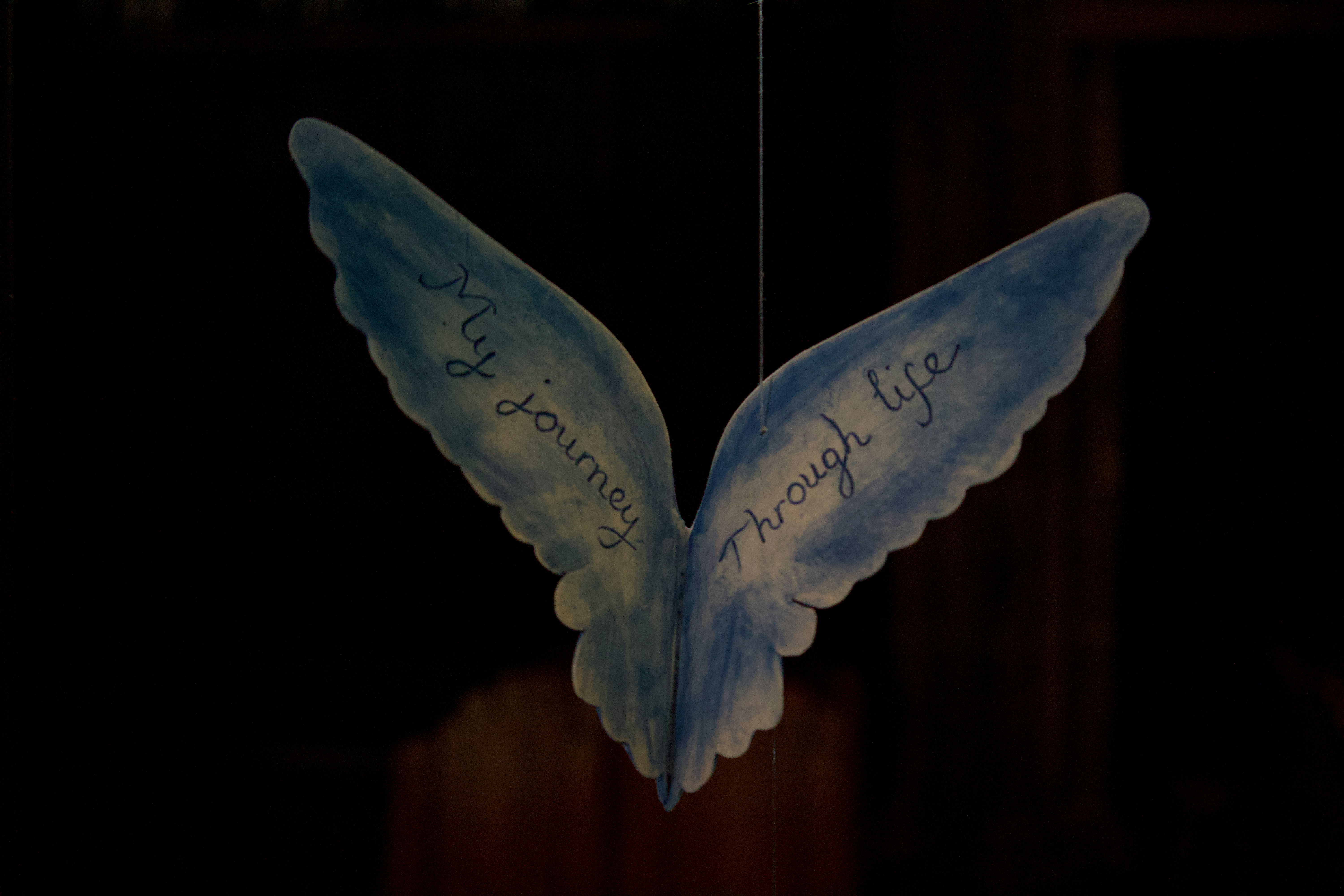 a blue angel wing hanging from a string