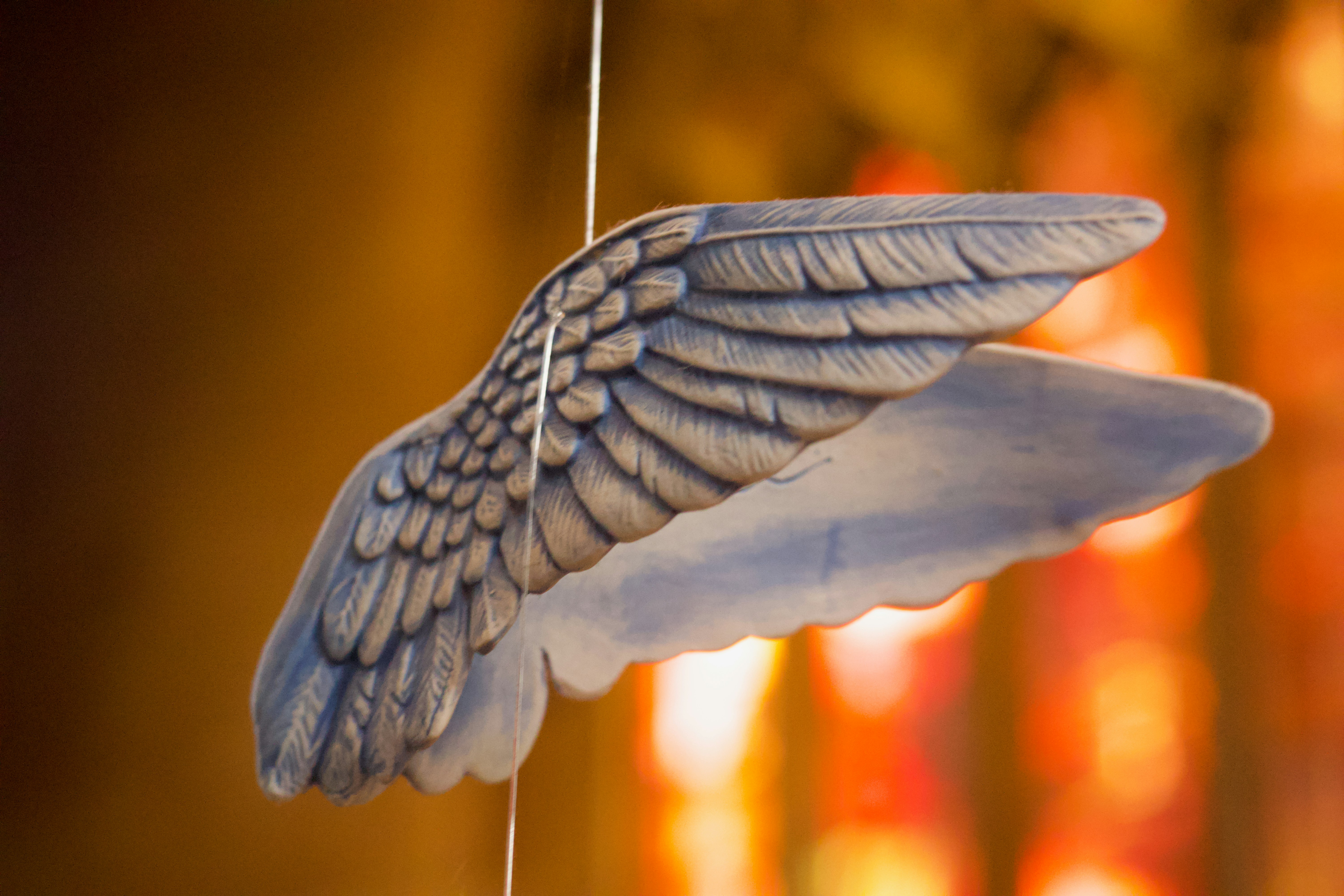 a close up of an angel wing on a string