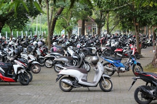 a large group of motor scooters parked on the side of a road