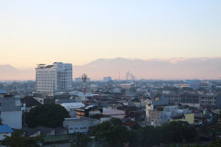 a view of a city with mountains in the background