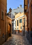 a narrow street with a lamp post and buildings in the background