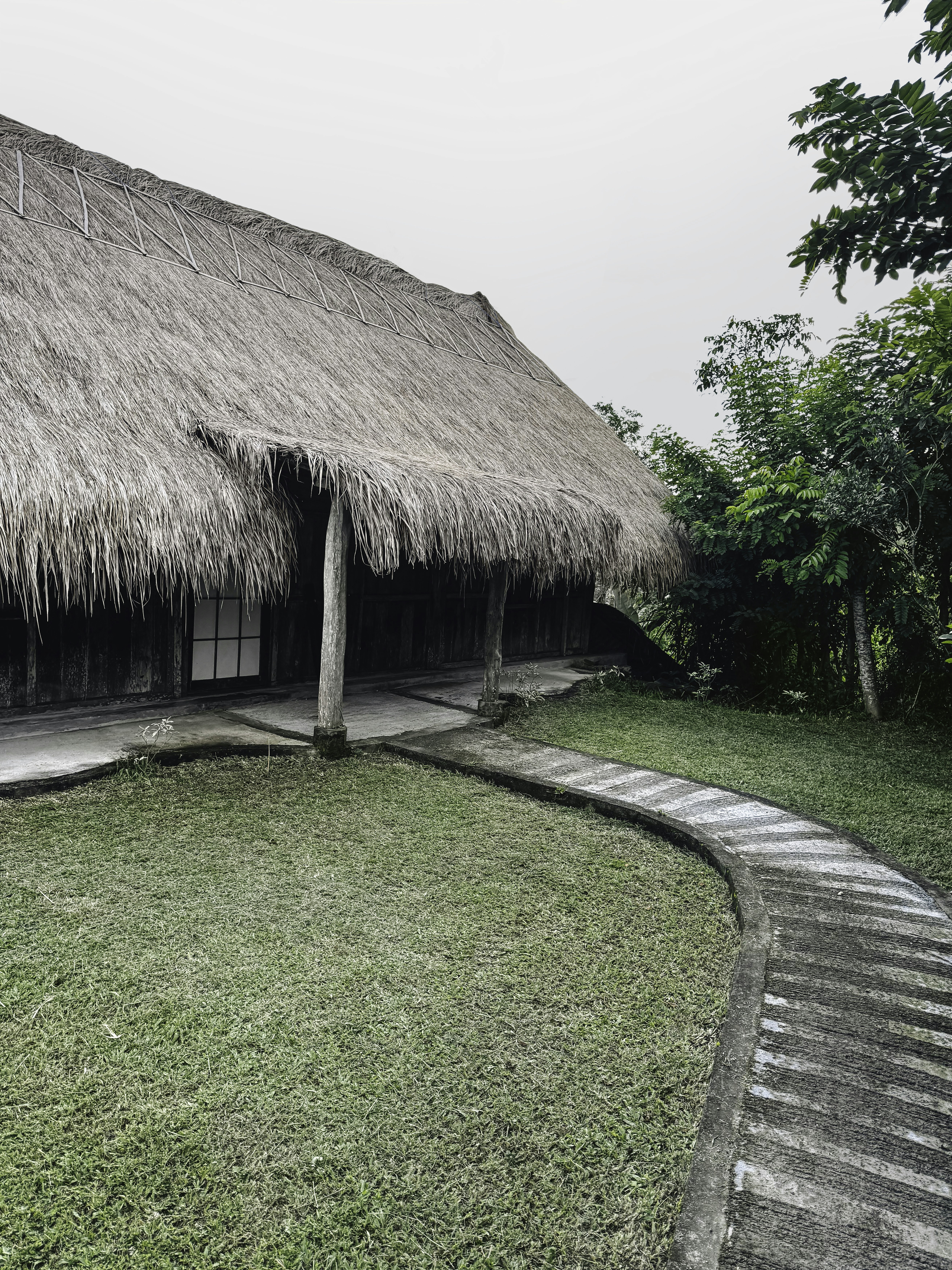a thatched roof house with steps leading up to it