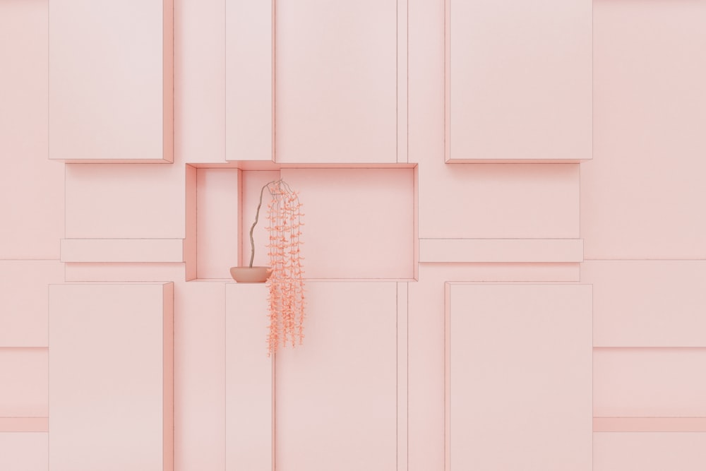 a pink wall with a plant hanging from it