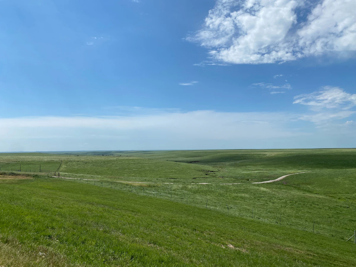 Green grassy hills in the Flint Hills near Manhattan, Kansas, with a dirt track and a wide sky