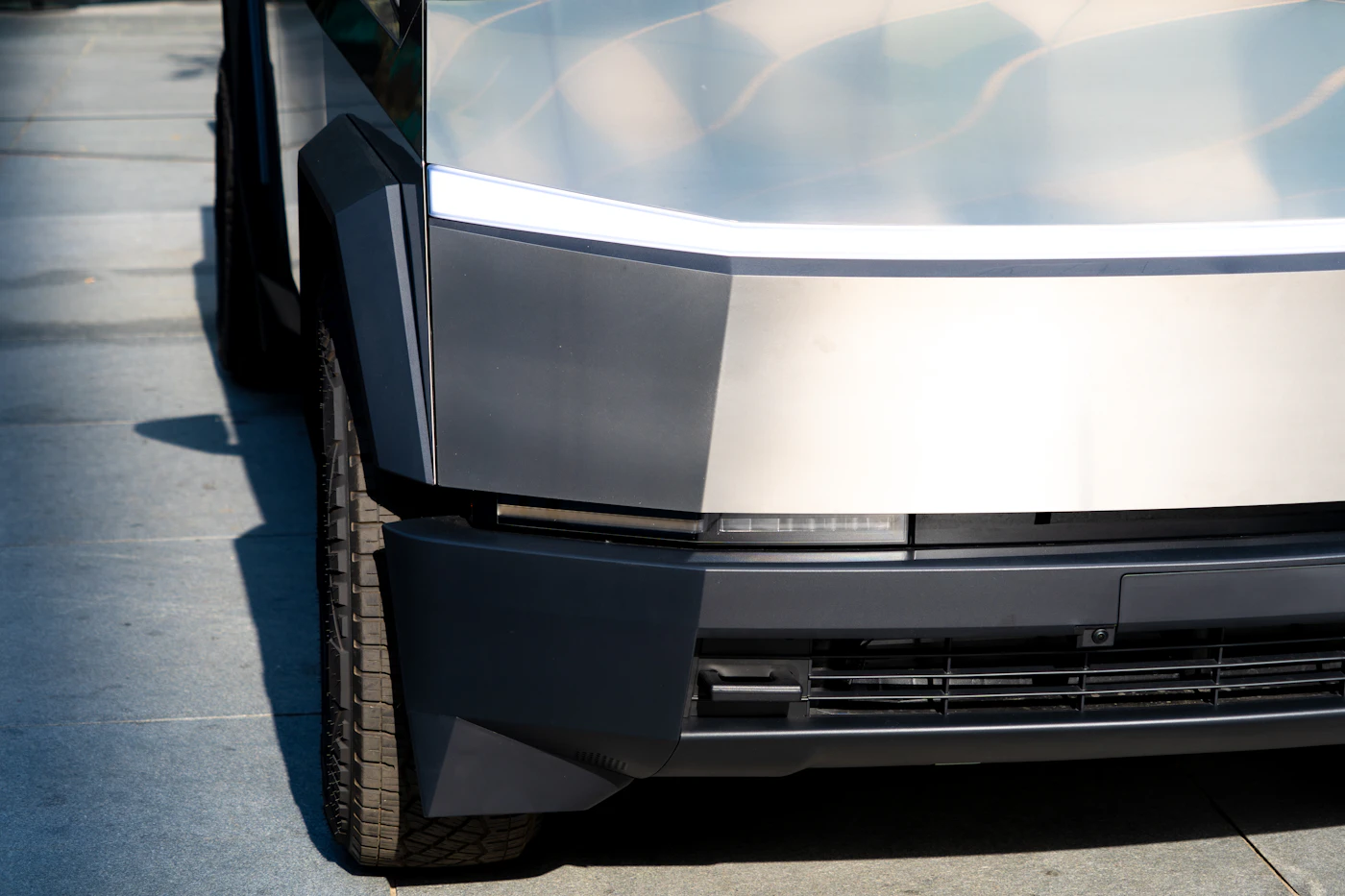 Close up of the Cybertruck front end
