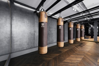 a row of punching bags in a gym