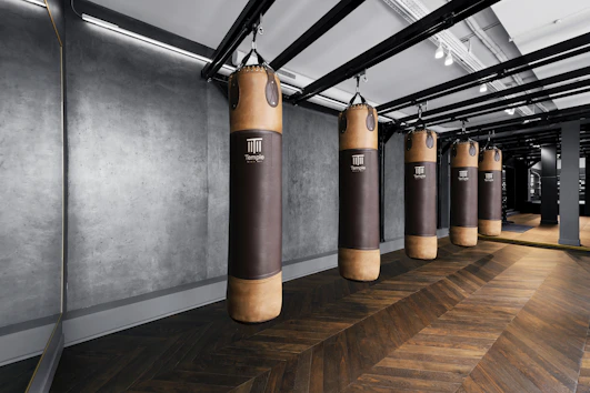 a row of punching bags in a gym