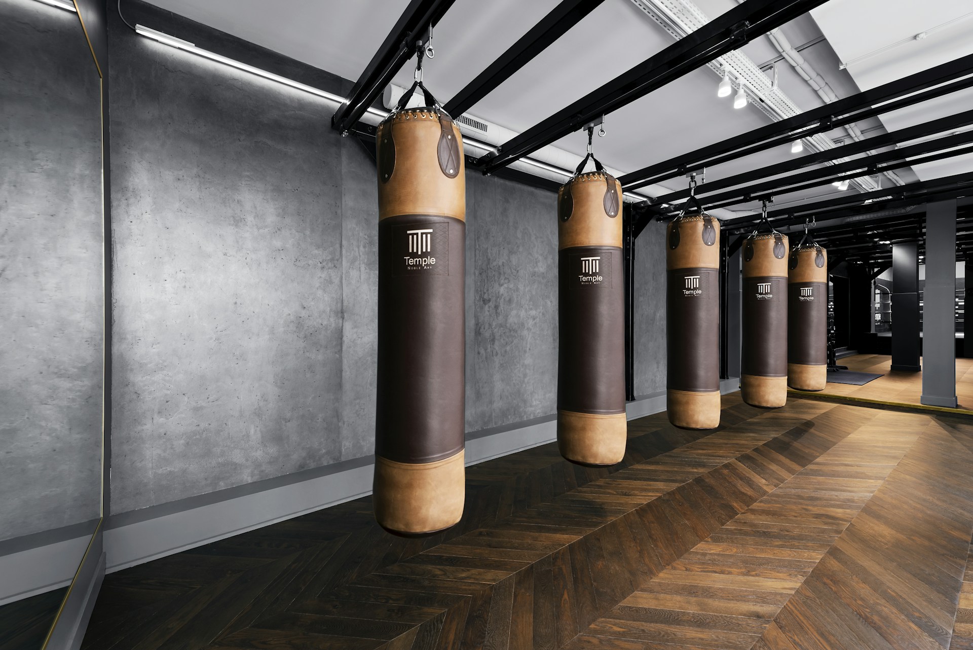 a row of punching bags in a gym