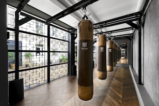 a row of punching bags in a gym