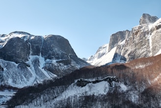 a snow covered mountain range with trees and mountains in the background
