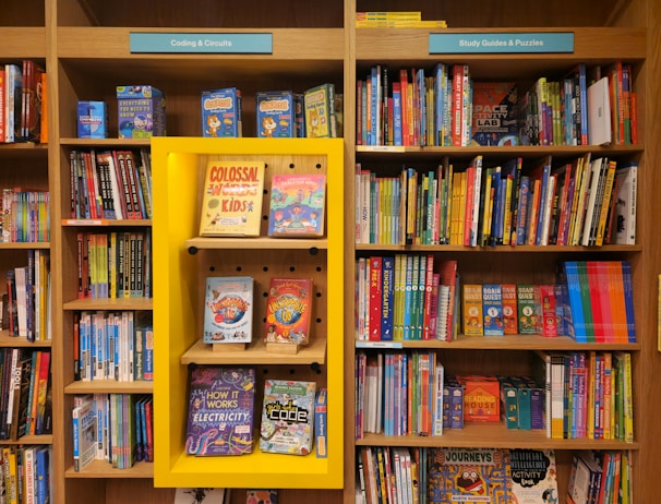 a book shelf filled with lots of books