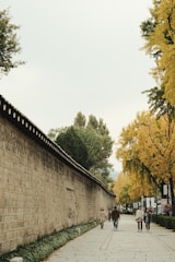 a group of people walking down a sidewalk next to a wall