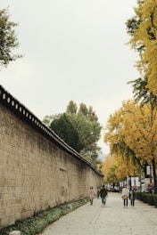 a group of people walking down a sidewalk next to a wall