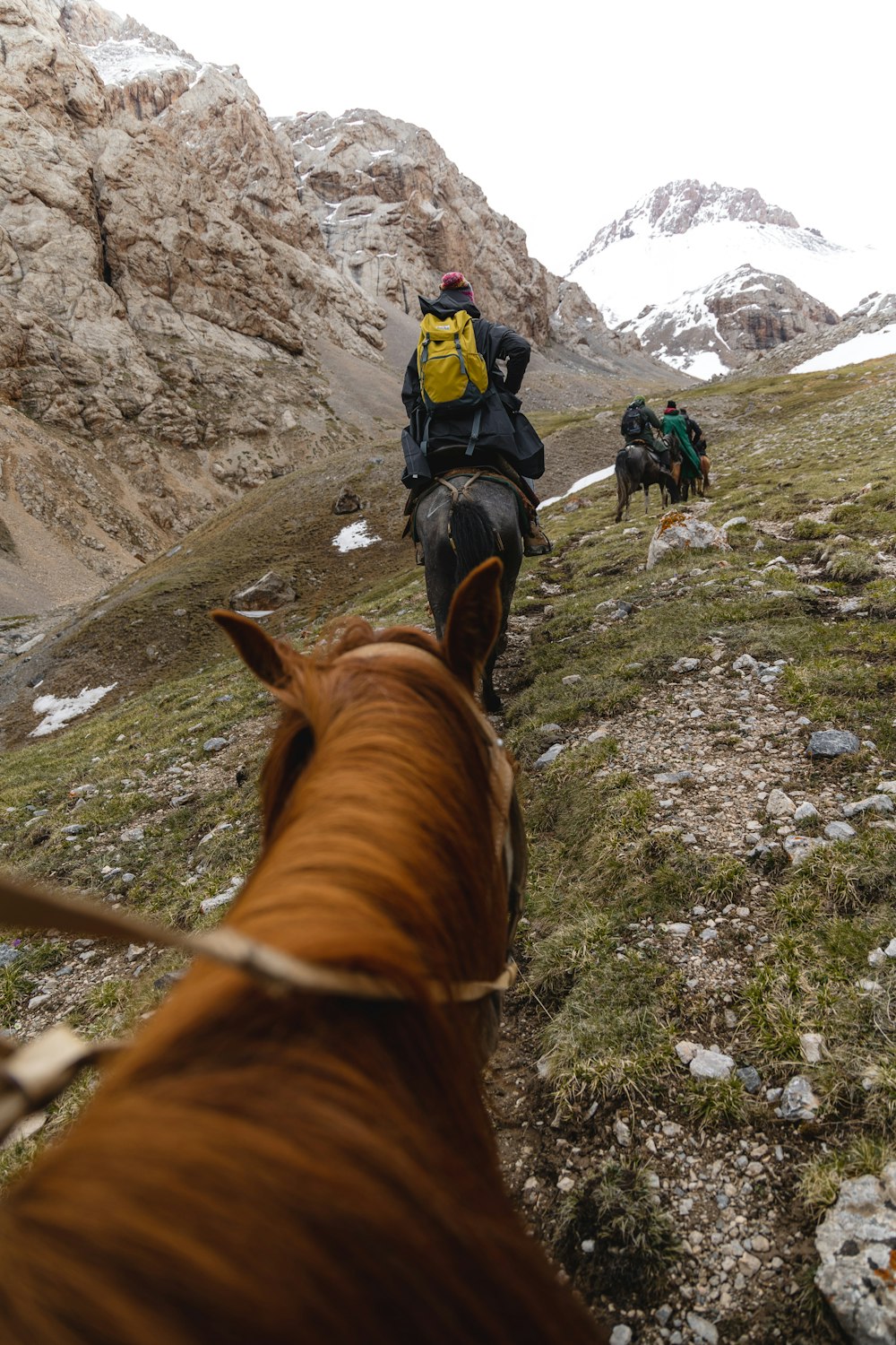 a group of people riding horses down a mountain