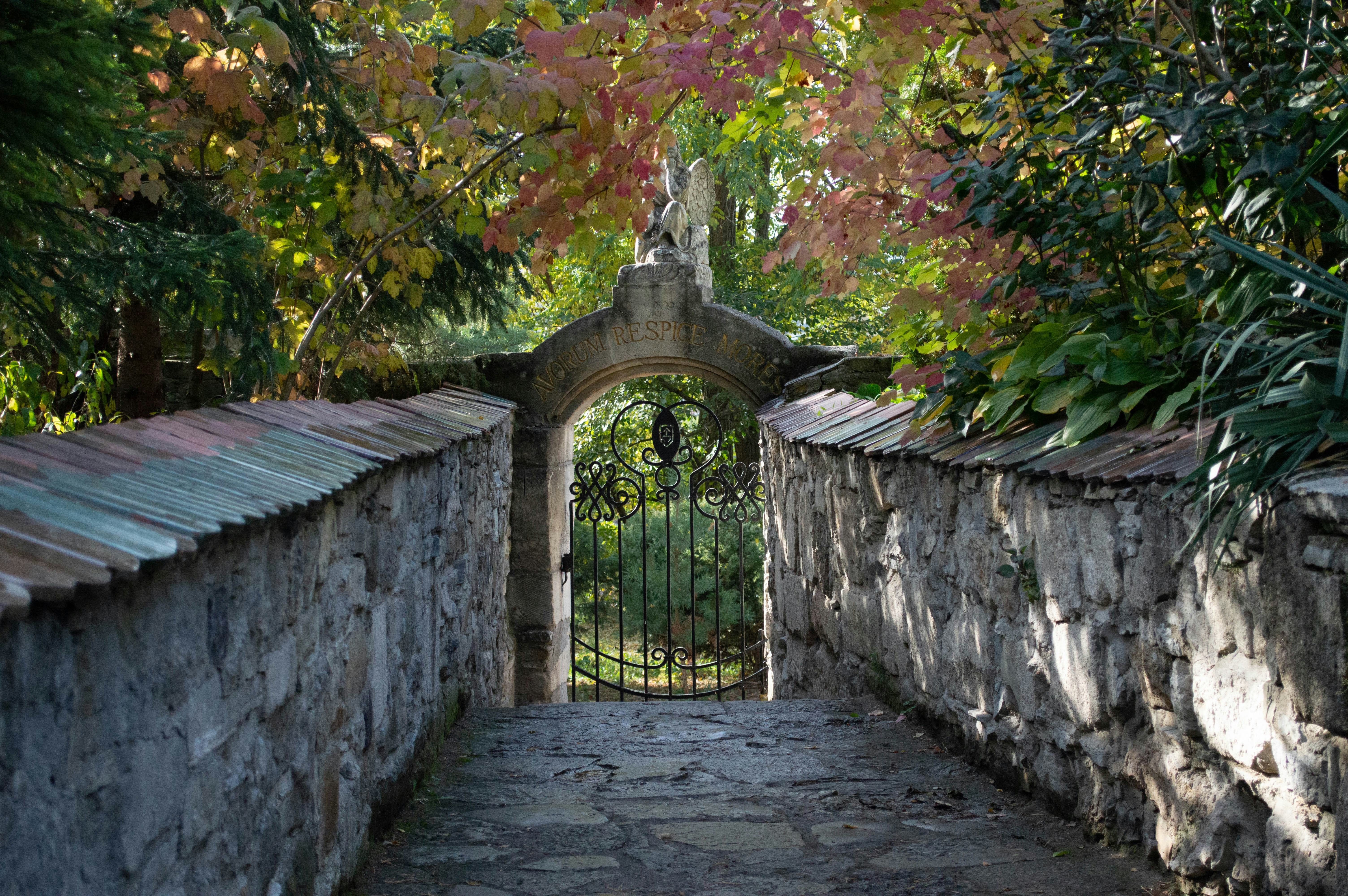 a stone wall with a gate in the middle of it